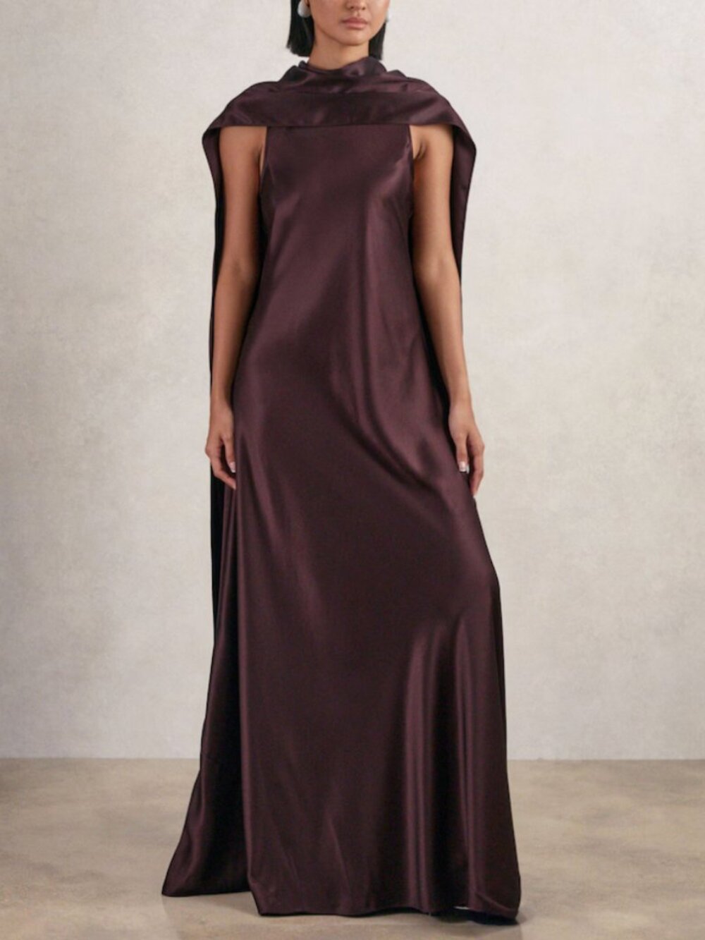 REISS Fae Satin Cape Maxi Dress Gown Burgundy Satin Event Party Cocktail - Picture 2 of 10
